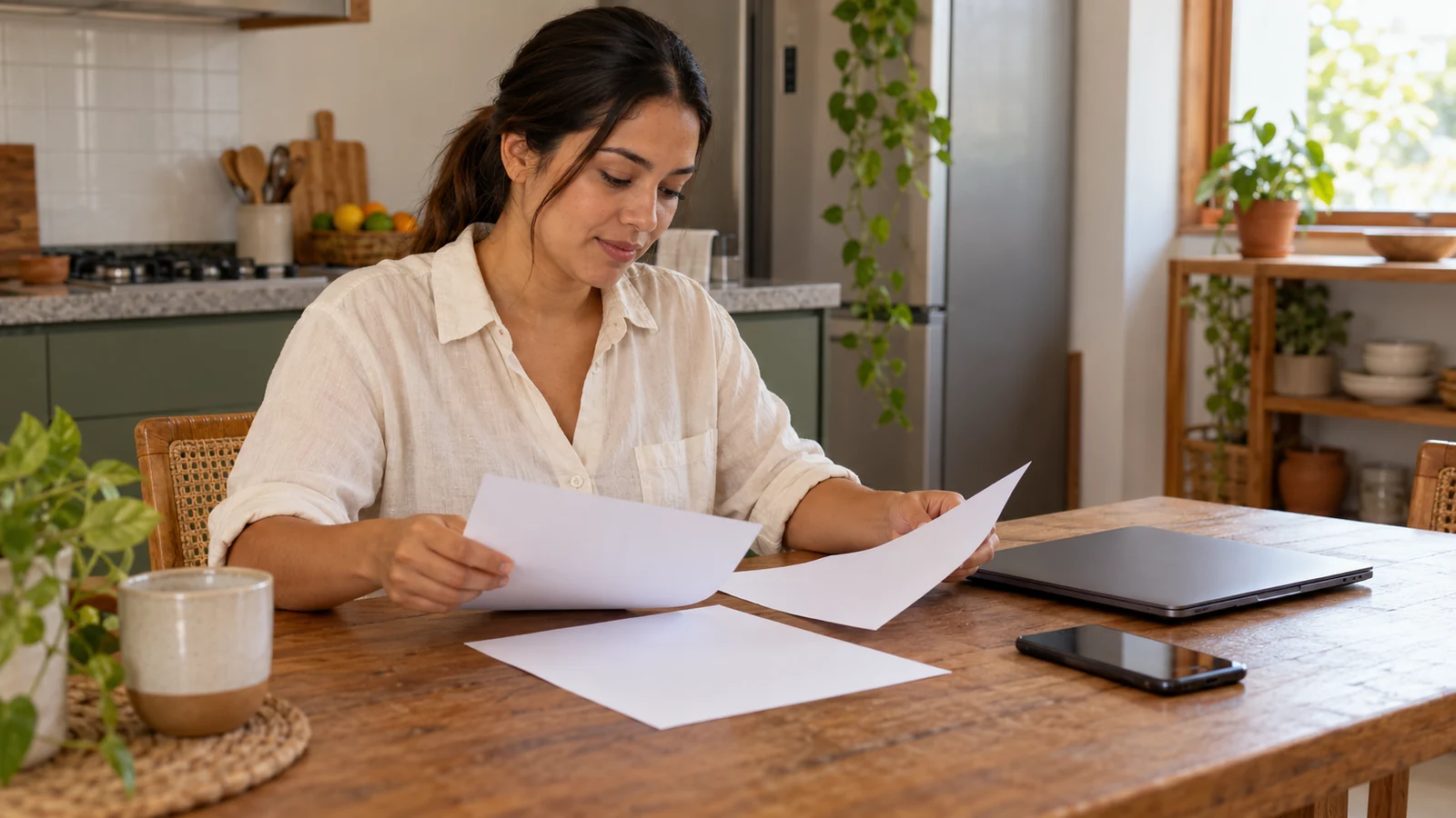 Mãe organizando papéis junto a um notebook e um celular na mesa da cozinha