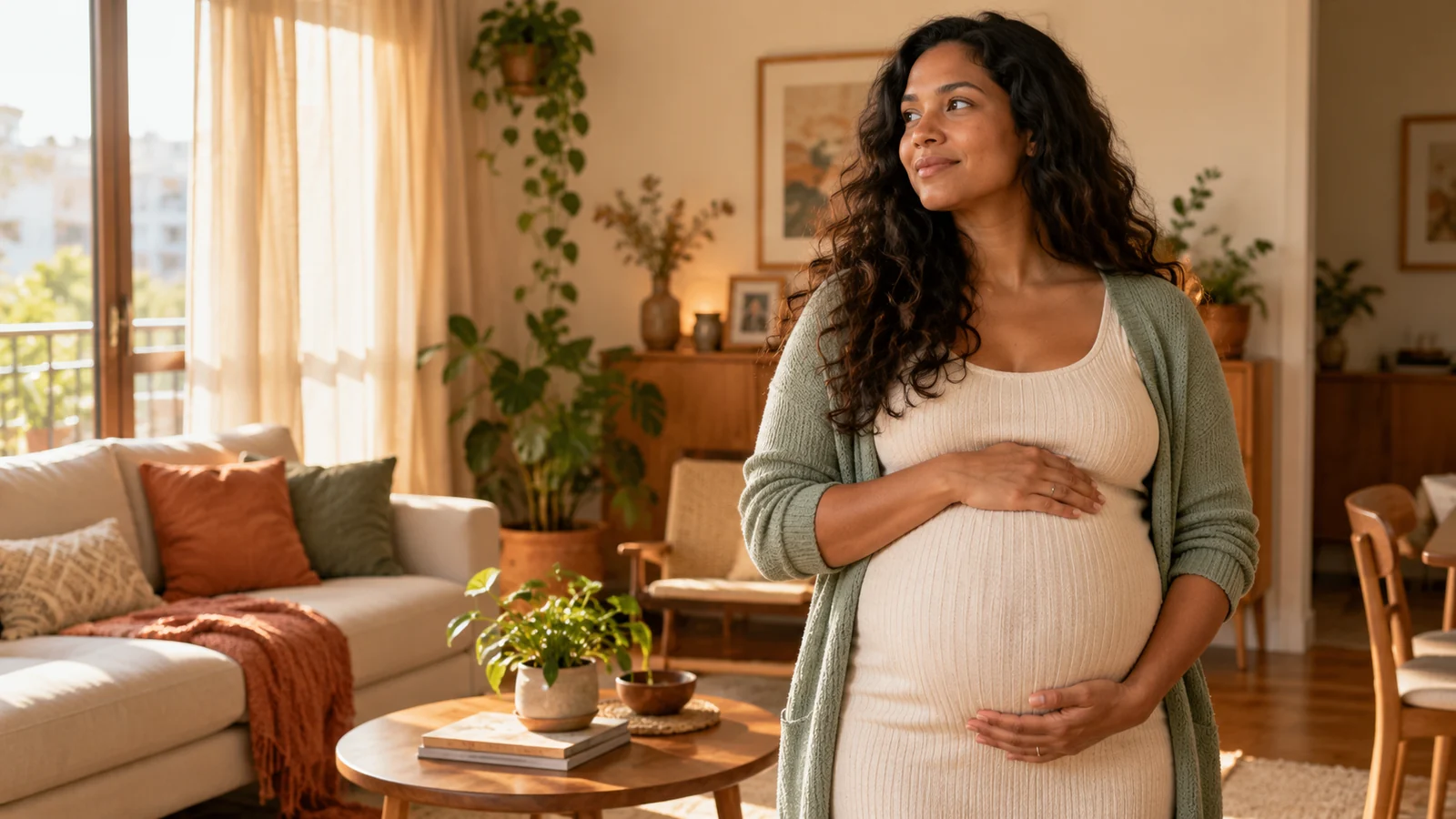 Gestante com cabelo ondulado apoiando as mãos na barriga em uma sala iluminada